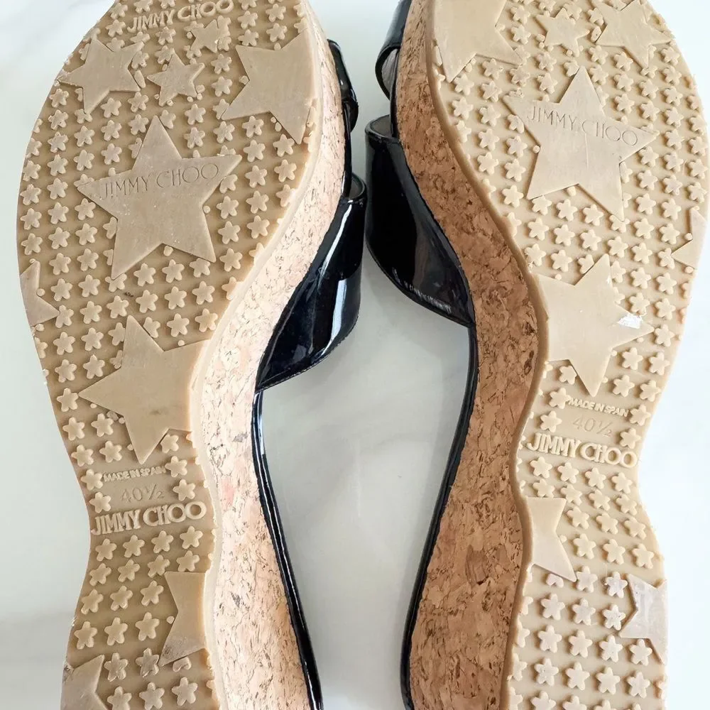 Jimmy Choo Patent Leather Cork Wedge Slide Sandals Black EU 40.5
